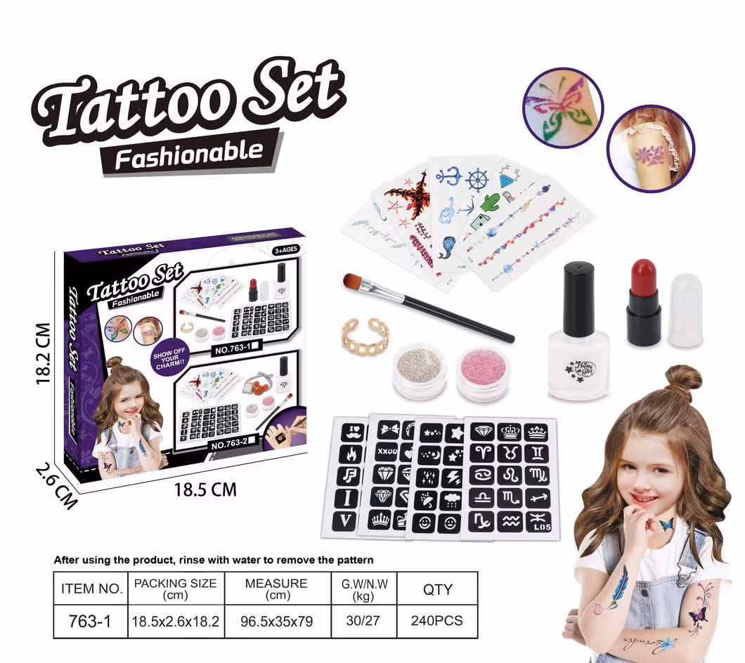 Tattoo Sticker Tattoo Mould Lipstick Ring Headband Glue Glitter Kids Cosmetic Set