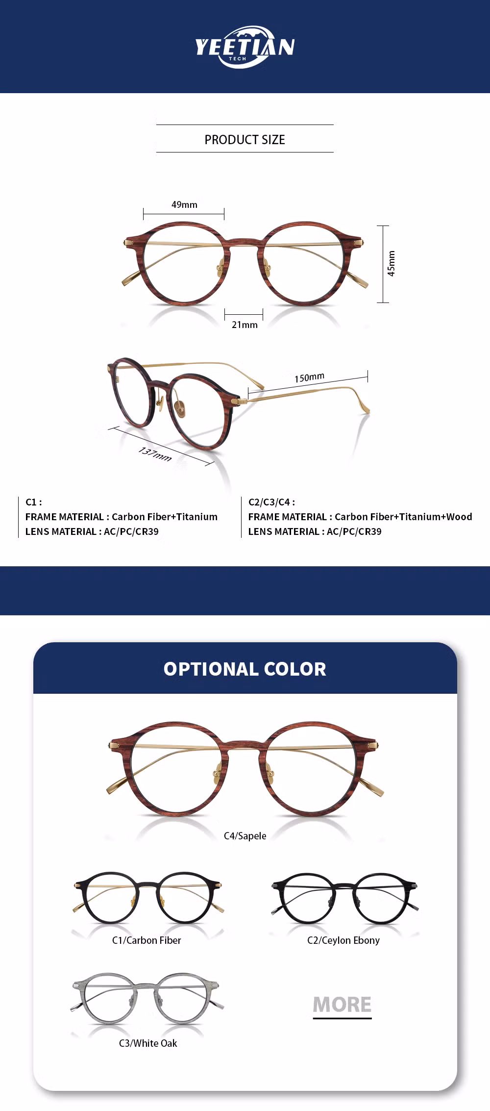 Yeetian 2024 New High End Ceylon Ebony Wooden Crafts Round Glasses Frames