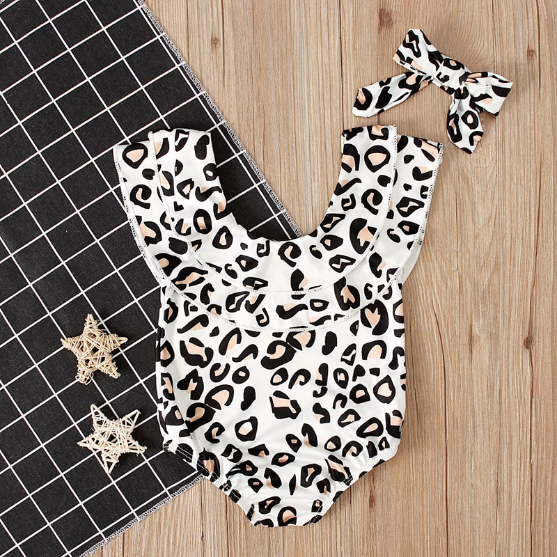 European Kid Baby Girls Leopard Bikini Swimwear with Headband Three-Piece Swimsuit Bathing