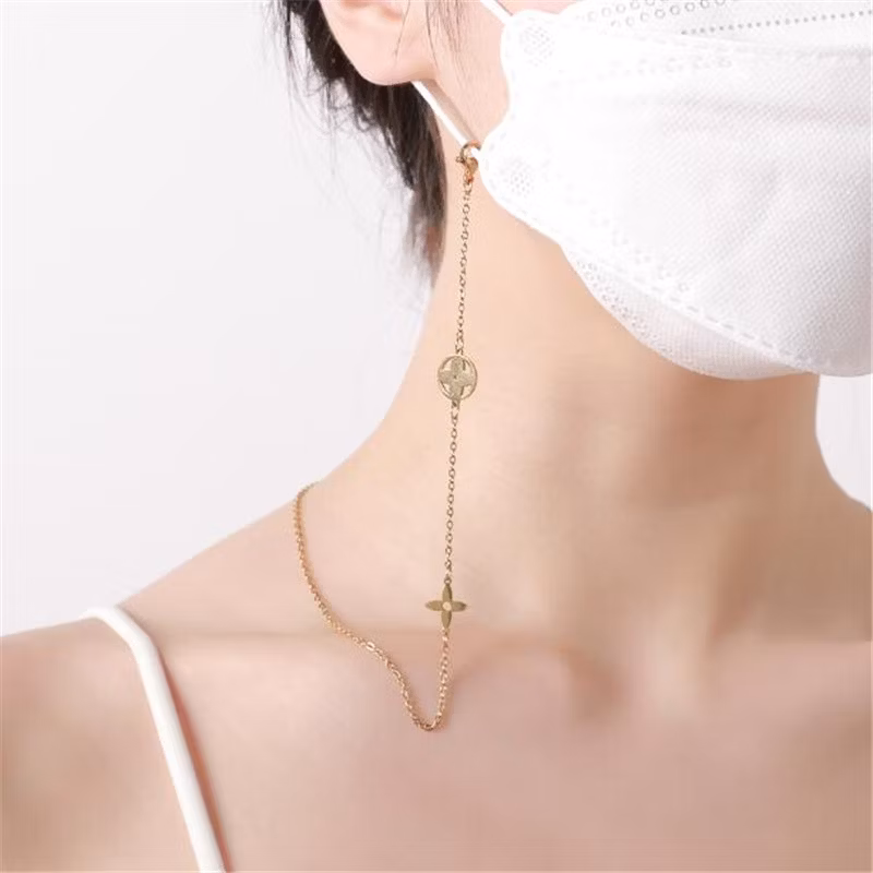 Titanium Steel Hollow Four-Leaf Clover Necklace Simple Thin H Letter Cc Camellia Mask Earphone Glasses Chain