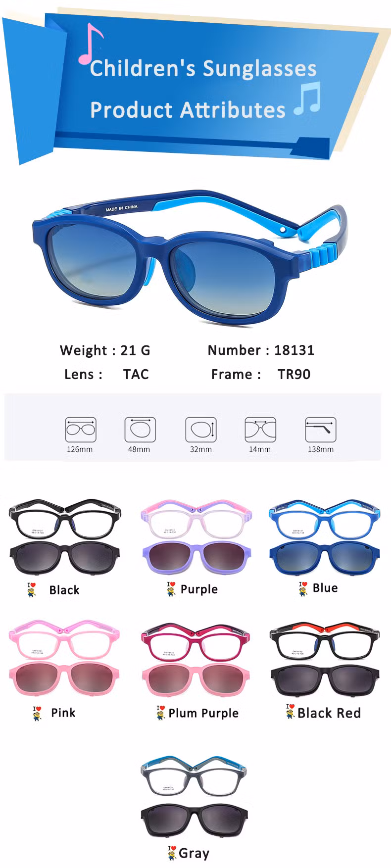 2023 New Latest Hot Selling Brand Designer Clip-on Sun Shades Cat Eye Polarized Kids Tr90 Clip on Sunglasses Magnetic