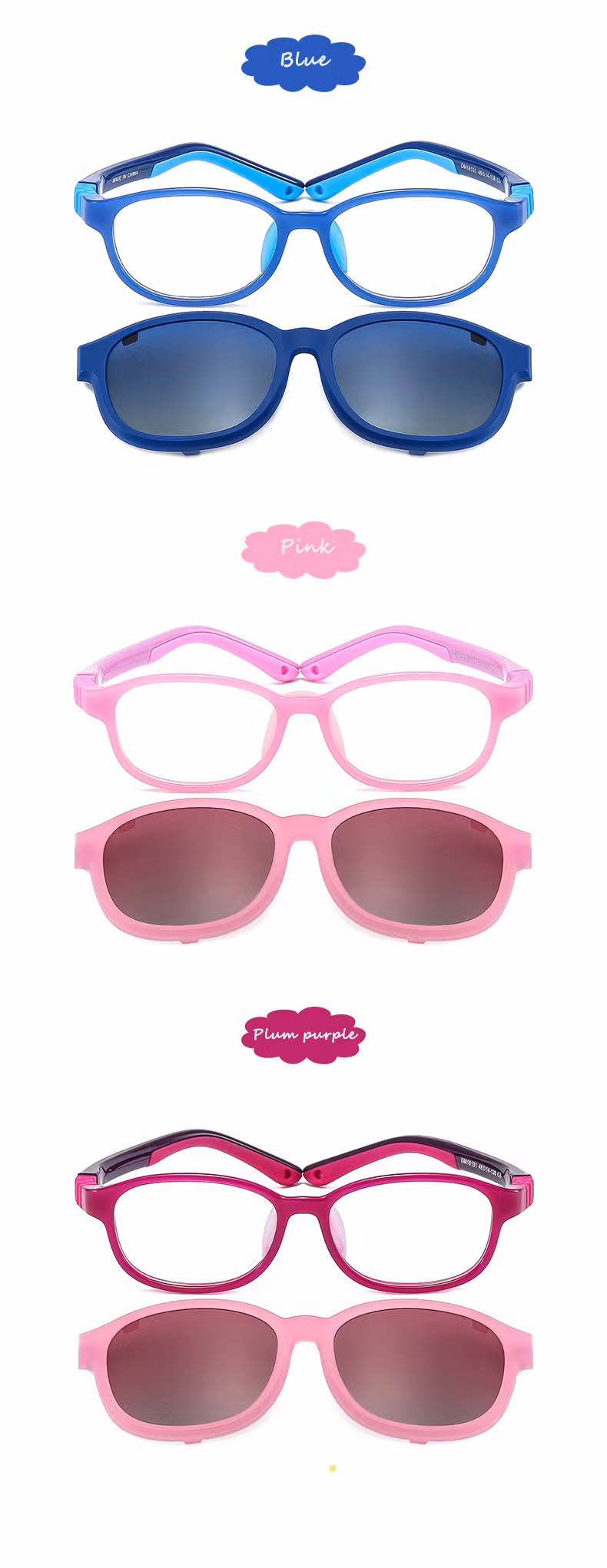 2023 New Latest Hot Selling Brand Designer Clip-on Sun Shades Cat Eye Polarized Kids Tr90 Clip on Sunglasses Magnetic