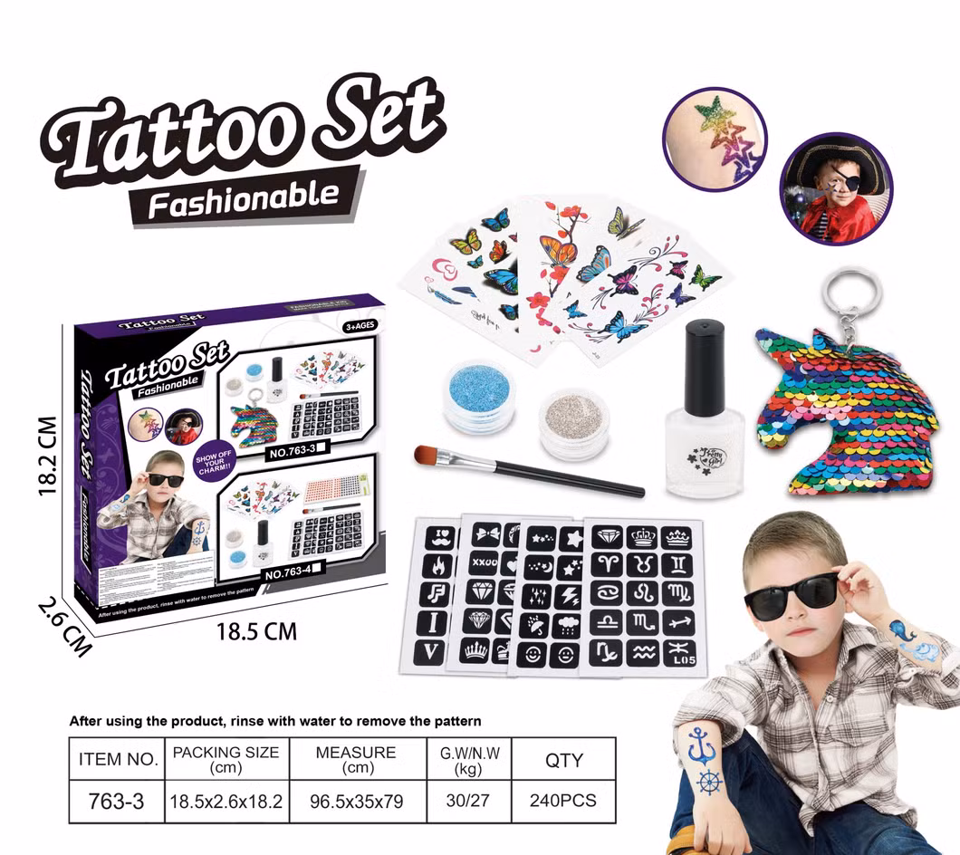 Tattoo Sticker Tattoo Mould Lipstick Ring Headband Glue Glitter Kids Cosmetic Set