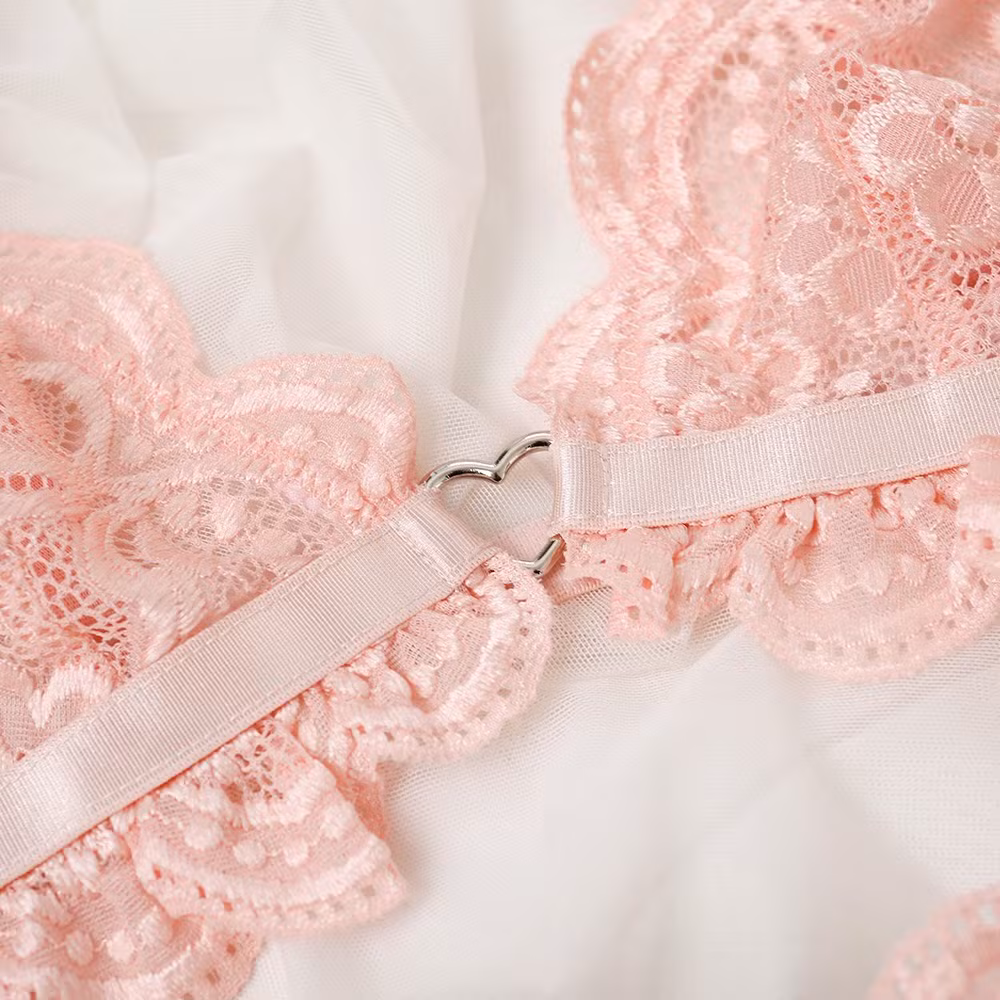 Intiflower New Arrival Customized Lace Floral Embroidery Bow Hot Sexy Lingerie Cute Pink Bra and Panties Sets for Girl
