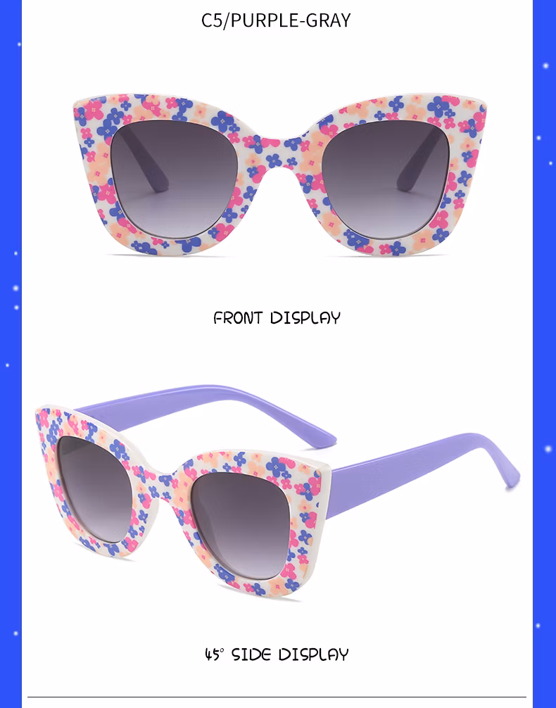 High Quality Flower Pattern Girl Style Plastic Sunglasses with UV400 Lens