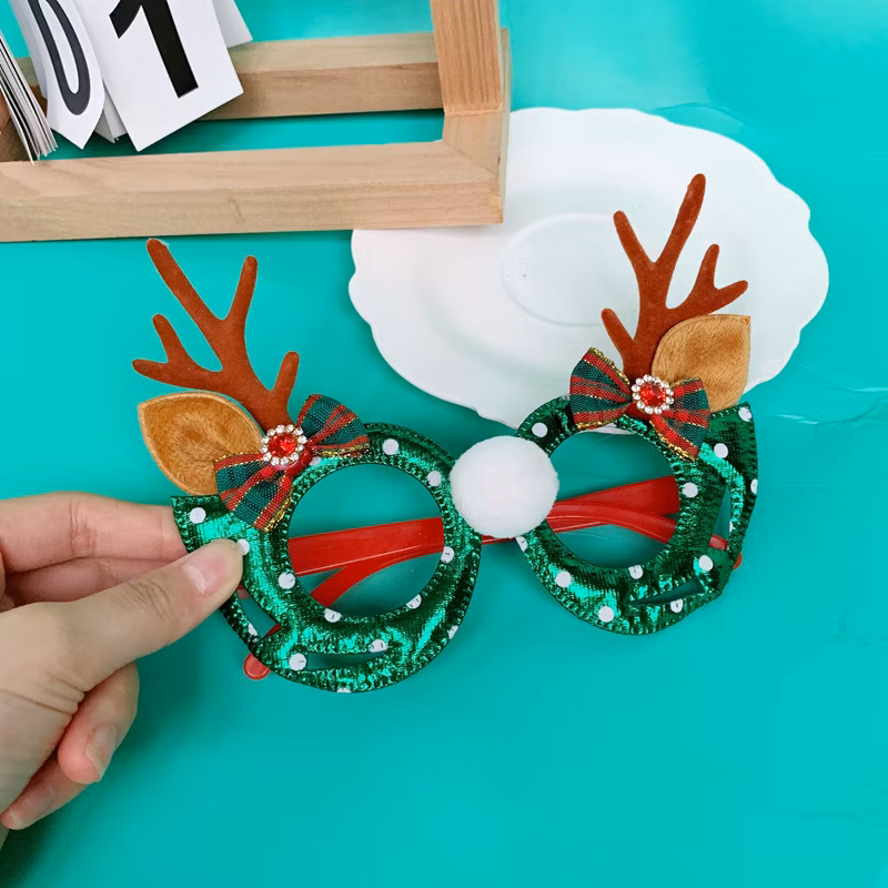 2025 Christmas Flocked Elk Antlers Leather New Year&prime;s Party Holiday Ornaments Eyeglasses