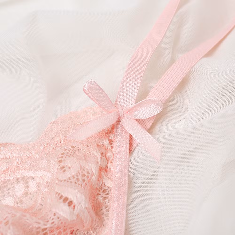 Intiflower New Arrival Customized Lace Floral Embroidery Bow Hot Sexy Lingerie Cute Pink Bra and Panties Sets for Girl