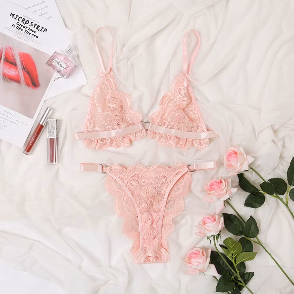 Intiflower New Arrival Customized Lace Floral Embroidery Bow Hot Sexy Lingerie Cute Pink Bra and Panties Sets for Girl