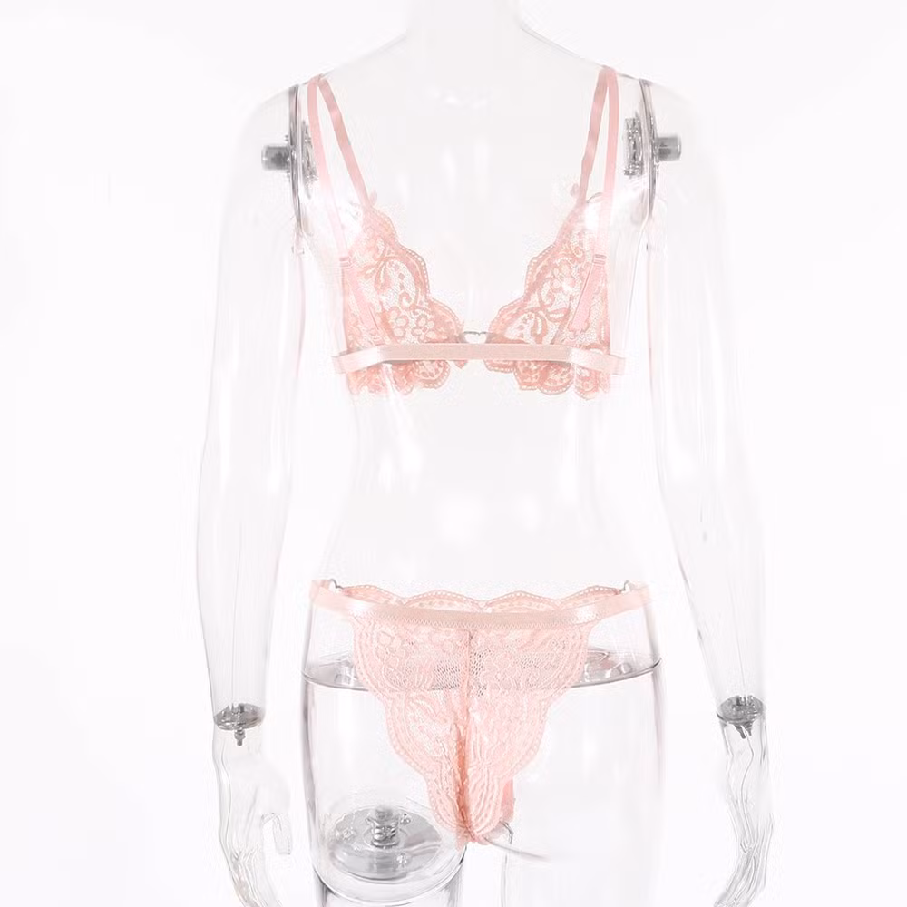 Intiflower New Arrival Customized Lace Floral Embroidery Bow Hot Sexy Lingerie Cute Pink Bra and Panties Sets for Girl