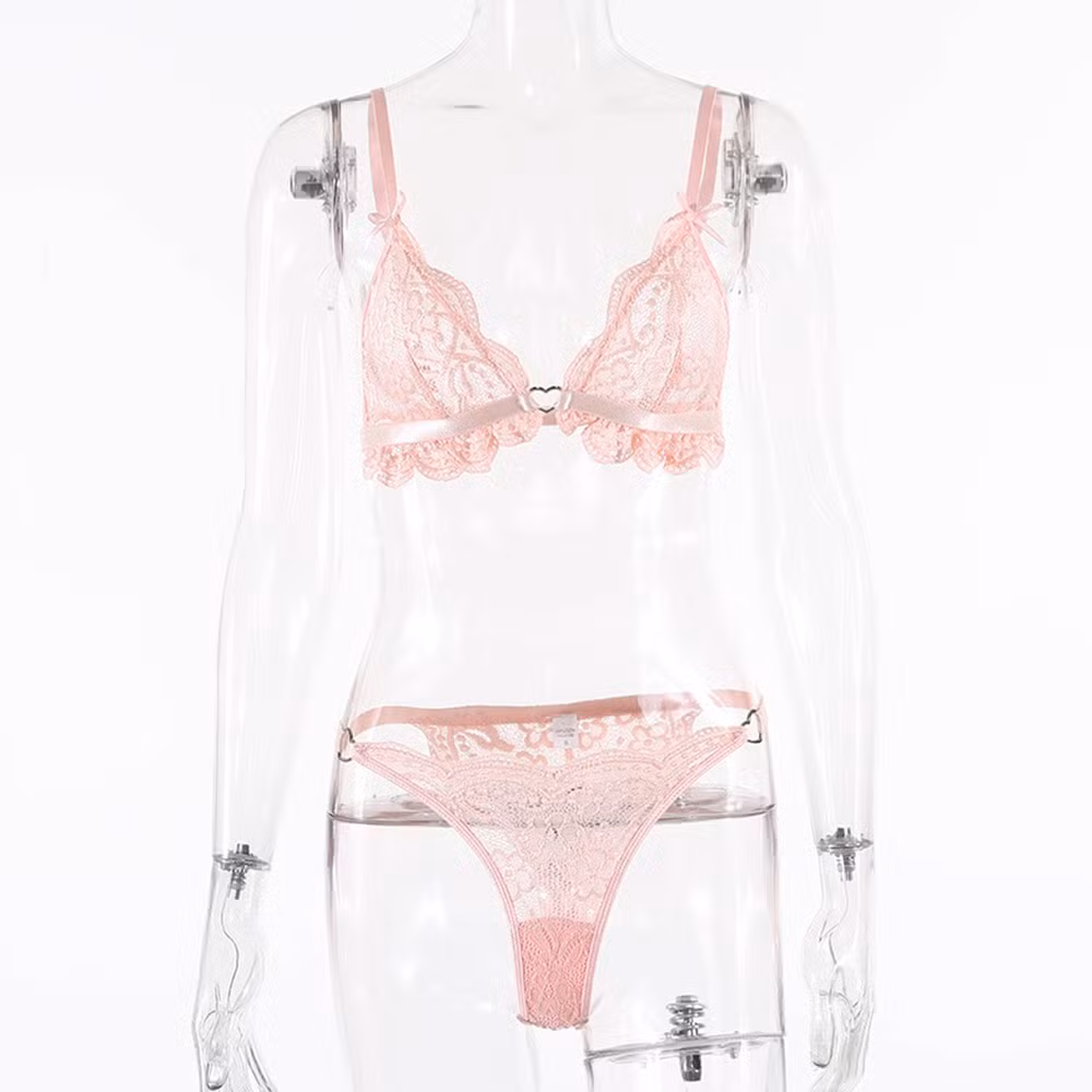Intiflower New Arrival Customized Lace Floral Embroidery Bow Hot Sexy Lingerie Cute Pink Bra and Panties Sets for Girl