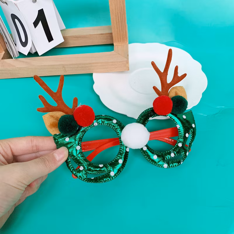 2025 Christmas Flocked Elk Antlers Leather New Year&prime;s Party Holiday Ornaments Eyeglasses