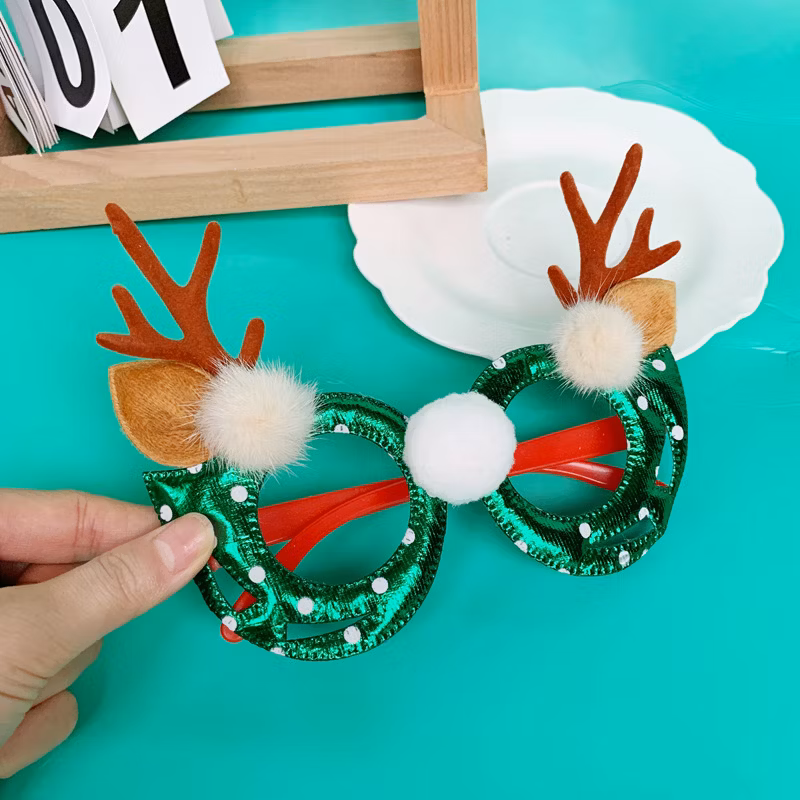 2025 Christmas Flocked Elk Antlers Leather New Year&prime;s Party Holiday Ornaments Eyeglasses