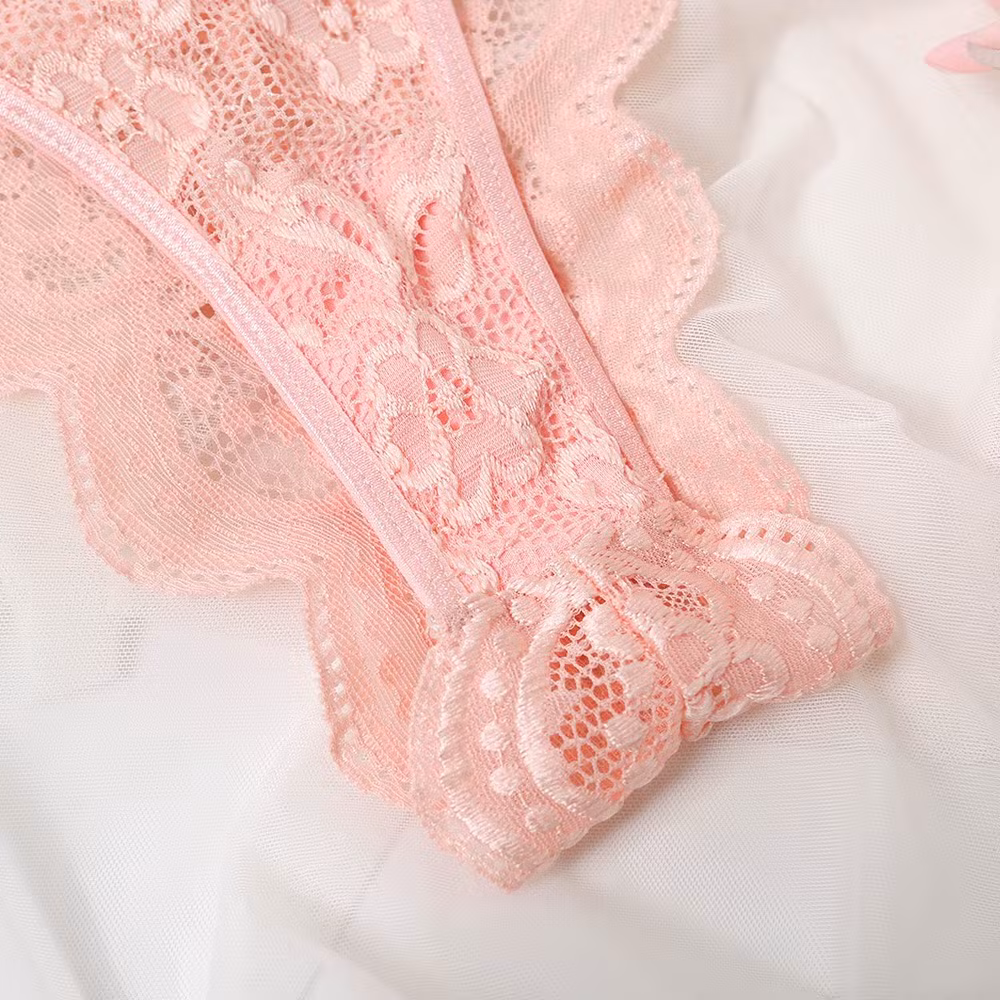 Intiflower New Arrival Customized Lace Floral Embroidery Bow Hot Sexy Lingerie Cute Pink Bra and Panties Sets for Girl