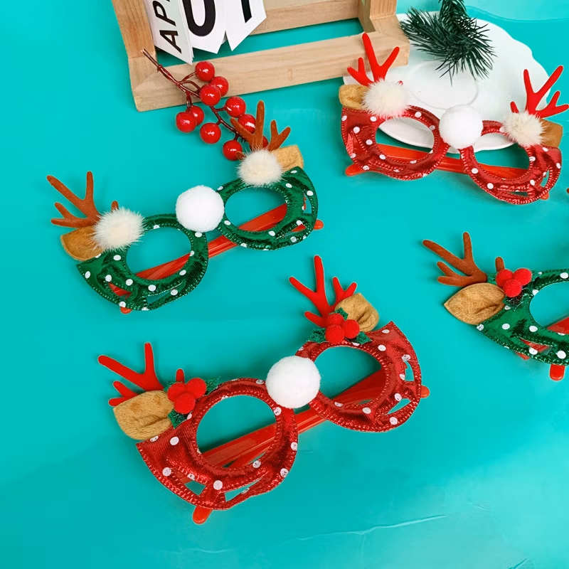 2025 Christmas Flocked Elk Antlers Leather New Year&prime;s Party Holiday Ornaments Eyeglasses