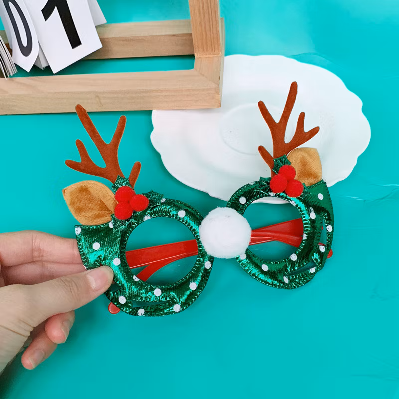 2025 Christmas Flocked Elk Antlers Leather New Year&prime;s Party Holiday Ornaments Eyeglasses