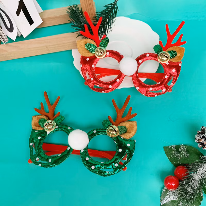 2025 Christmas Flocked Elk Antlers Leather New Year&prime;s Party Holiday Ornaments Eyeglasses