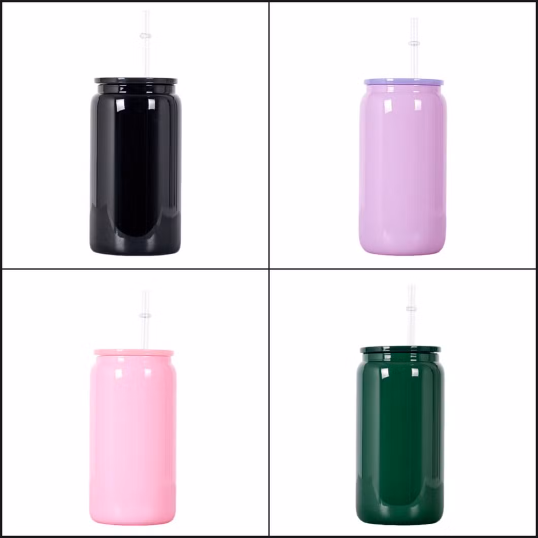 UV Dtf Glossy Colored 16oz Cans Glass Tumbler with Clear Plastic Straw Can Shaped Drinkware Beer Glasses Cup for Drinking Camping