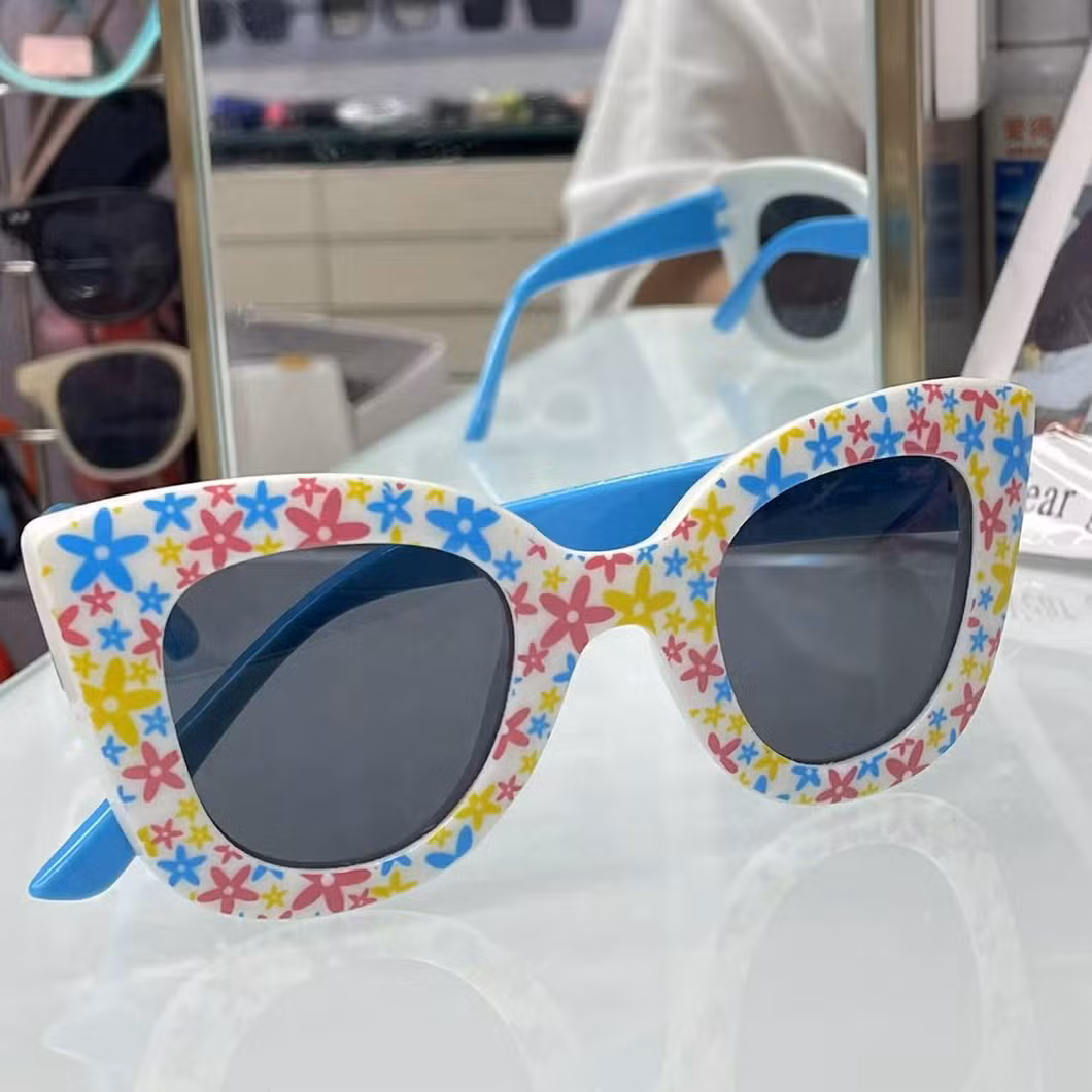 Gradient Lens Children&prime;s Cat Eye Sunglasses Kids Girls Cute Baby Eyeglasses Round Floral Print Eyewear Child Glasses