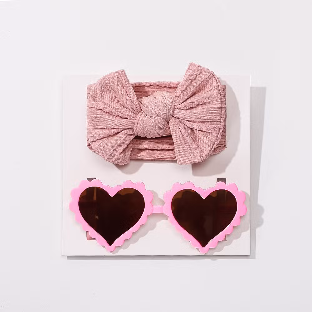 2PCS Heart Shaped Sunglasses Sunshade and Nylon Solid Color Elastic Headband Set for Girls Kids Hair Accessories Children