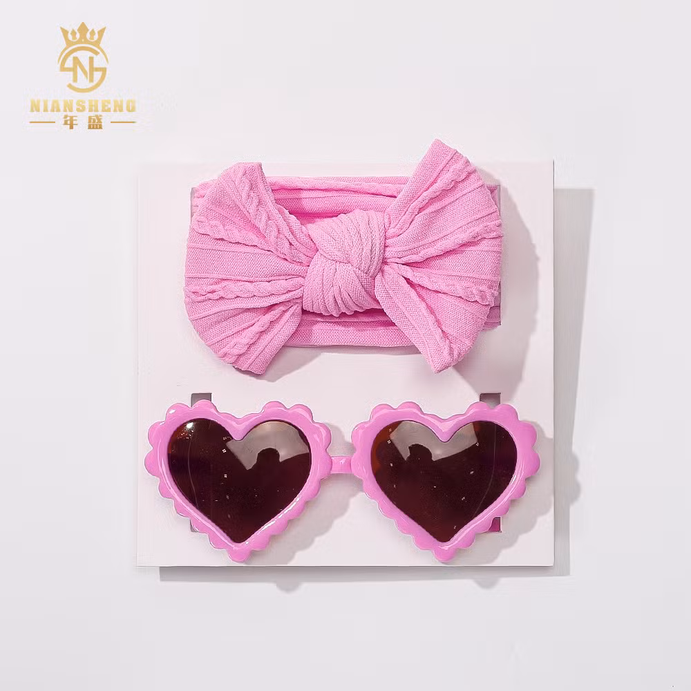 2PCS Heart Shaped Sunglasses Sunshade and Nylon Solid Color Elastic Headband Set for Girls Kids Hair Accessories Children