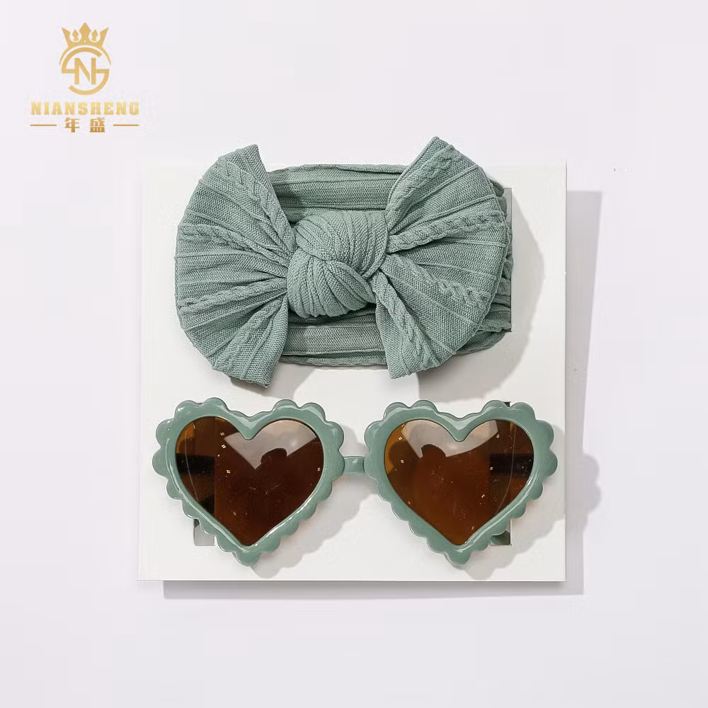 2PCS Heart Shaped Sunglasses Sunshade and Nylon Solid Color Elastic Headband Set for Girls Kids Hair Accessories Children