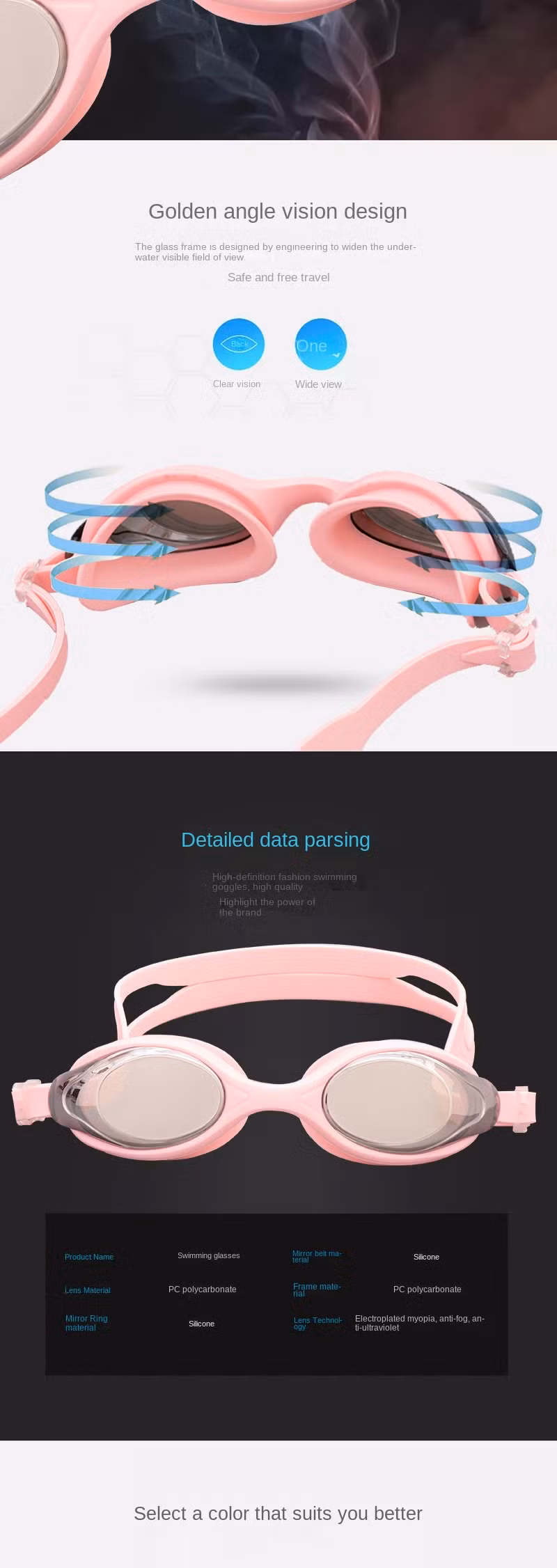 Children&prime;s Swimming Glasses Silicone Glue Anti-Fog Electroplating One-Piece Student Swimming Glasses