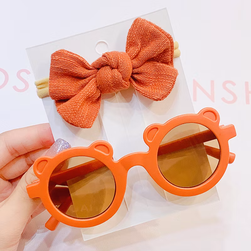 2PCS/Pack Fashion Solid Color Bow Hair Clip Bear Ear Sunglasses Set Protection Glasses Kids Hair Accessories Boutique Hairclips