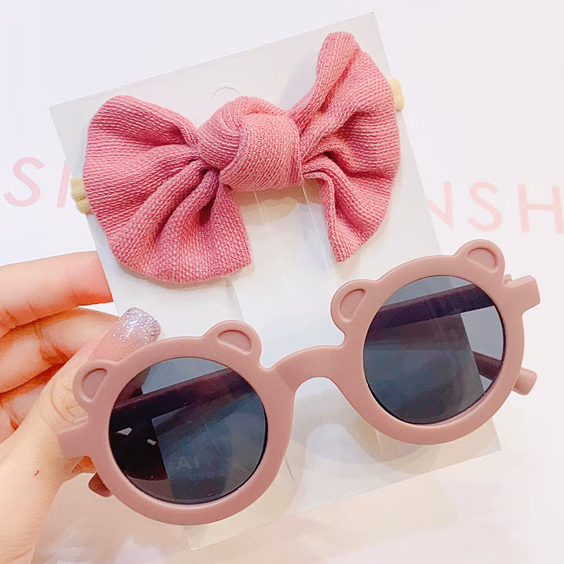 2PCS/Pack Fashion Solid Color Bow Hair Clip Bear Ear Sunglasses Set Protection Glasses Kids Hair Accessories Boutique Hairclips
