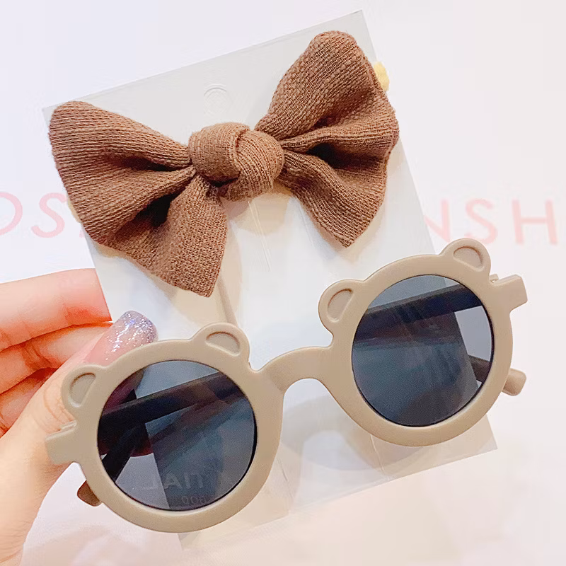 2PCS/Pack Fashion Solid Color Bow Hair Clip Bear Ear Sunglasses Set Protection Glasses Kids Hair Accessories Boutique Hairclips