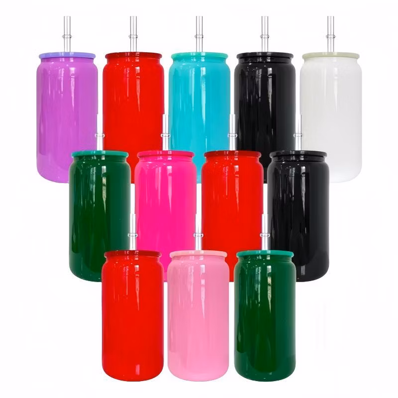 UV Dtf Glossy Colored 16oz Cans Glass Tumbler with Clear Plastic Straw Can Shaped Drinkware Beer Glasses Cup for Drinking Camping