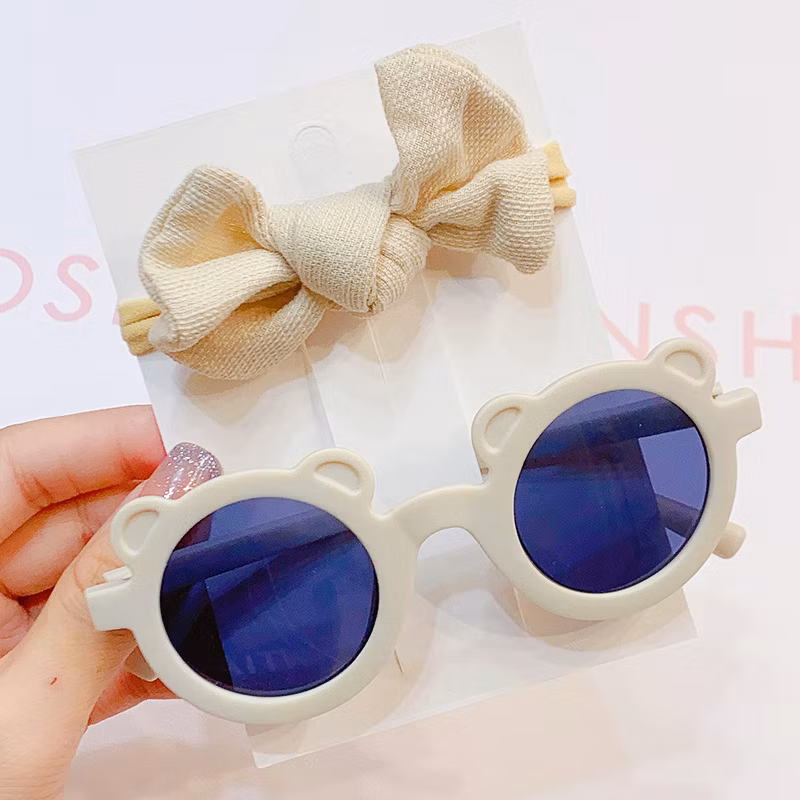 2PCS/Pack Fashion Solid Color Bow Hair Clip Bear Ear Sunglasses Set Protection Glasses Kids Hair Accessories Boutique Hairclips