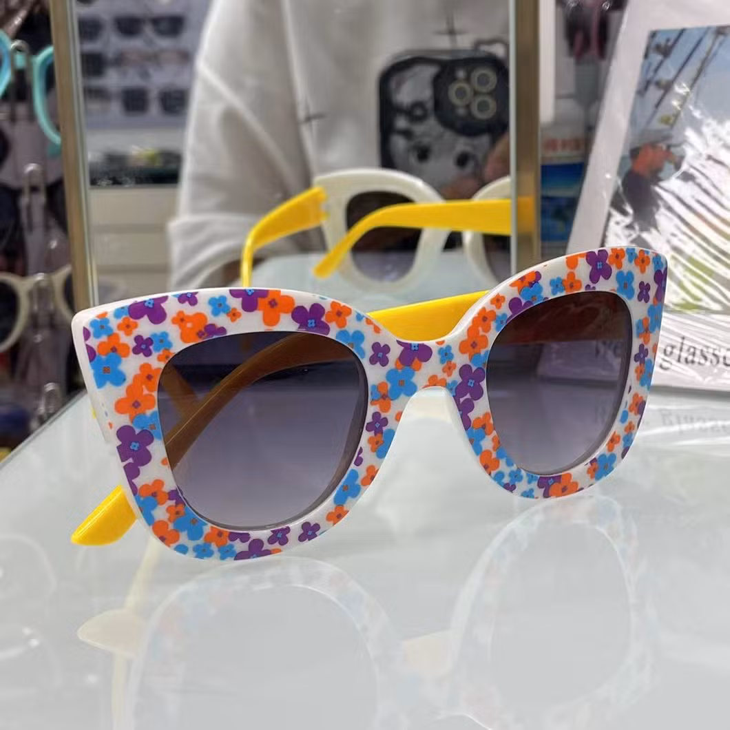 Gradient Lens Children&prime;s Cat Eye Sunglasses Kids Girls Cute Baby Eyeglasses Round Floral Print Eyewear Child Glasses