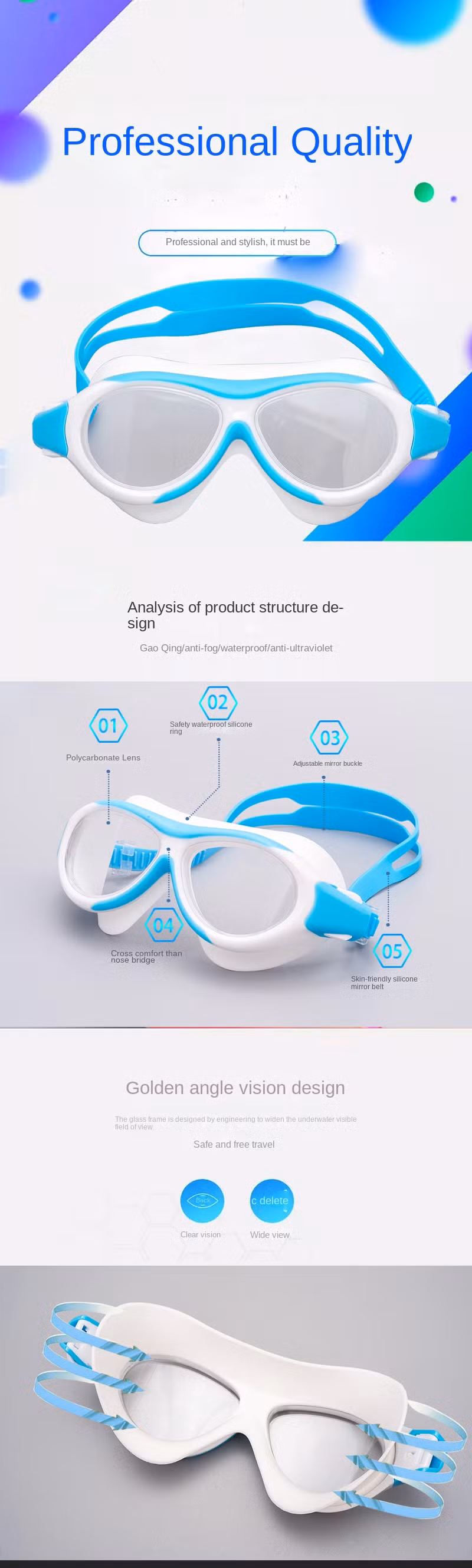 New Silicone Anti-Fog Big Frame Swimming Glasses for Children