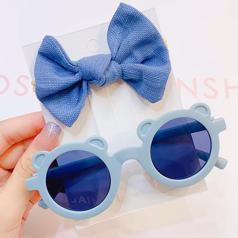 2PCS/Pack Fashion Solid Color Bow Hair Clip Bear Ear Sunglasses Set Protection Glasses Kids Hair Accessories Boutique Hairclips