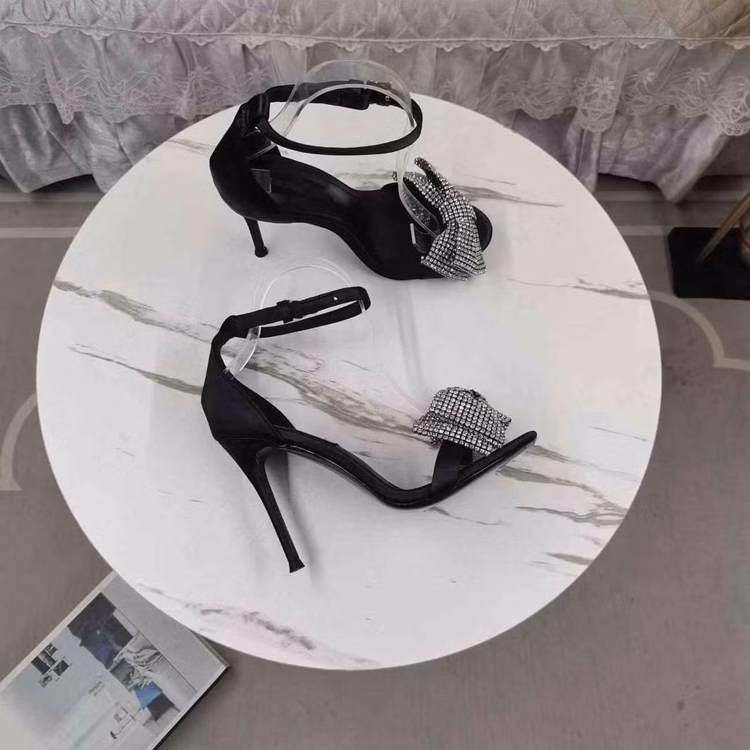 Rhinestone Embellished High-Heeled Sandals Engraved Leather Women&prime;s Shoes