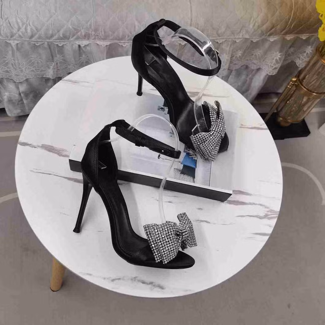 Rhinestone Embellished High-Heeled Sandals Engraved Leather Women&prime;s Shoes