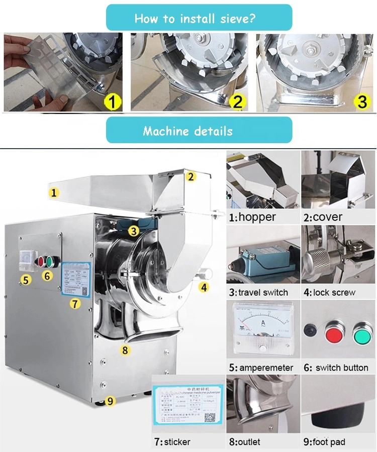 Stainless Steel Rice/Corn/Grain/Herbs Herbal/Cereal/Flour Mill Grinder Powder Pulverizer Machine