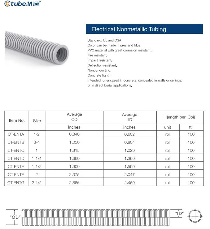 Ctube cUL Certified 2-1/2 Inch Flexible Electrical Conduit Ent Tubing Corrugated Plastic Tube Manufacturer