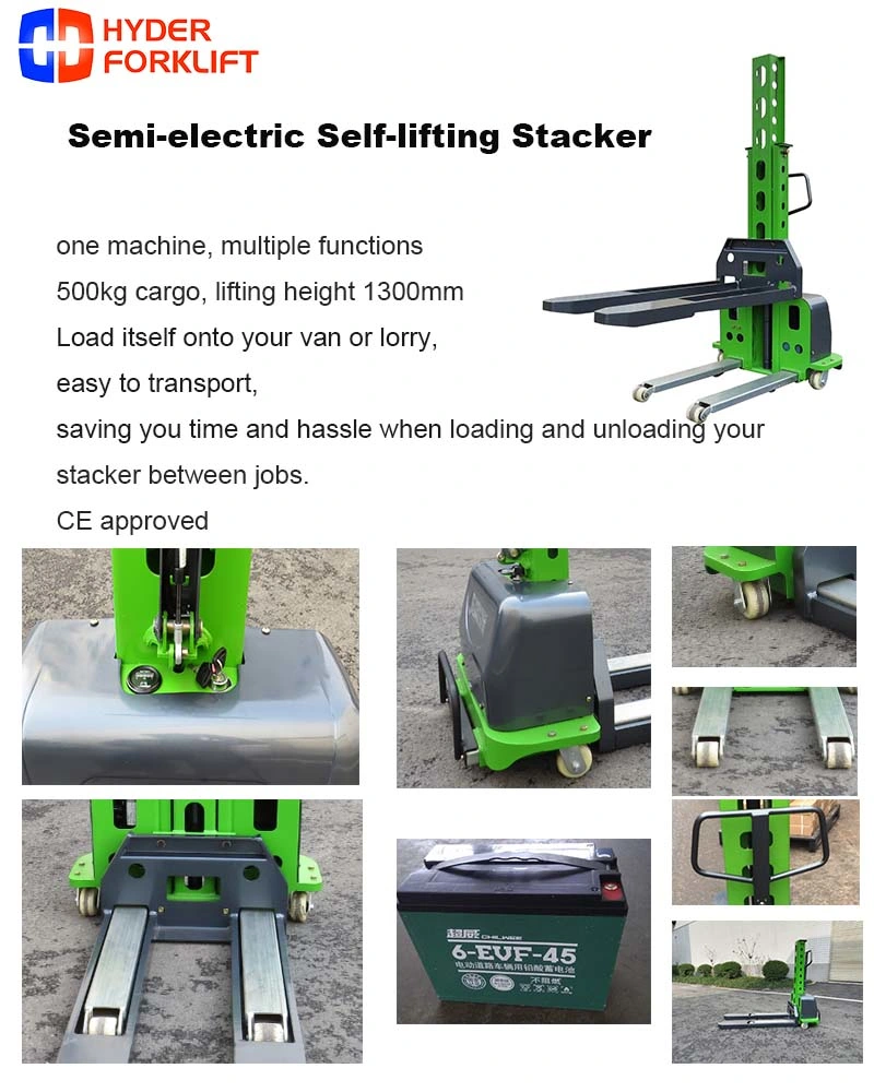 Mini Hydraulic Electric Stacker 1000kg 800/1000/1300mm Unload Container Self-Loading Forklift Truck