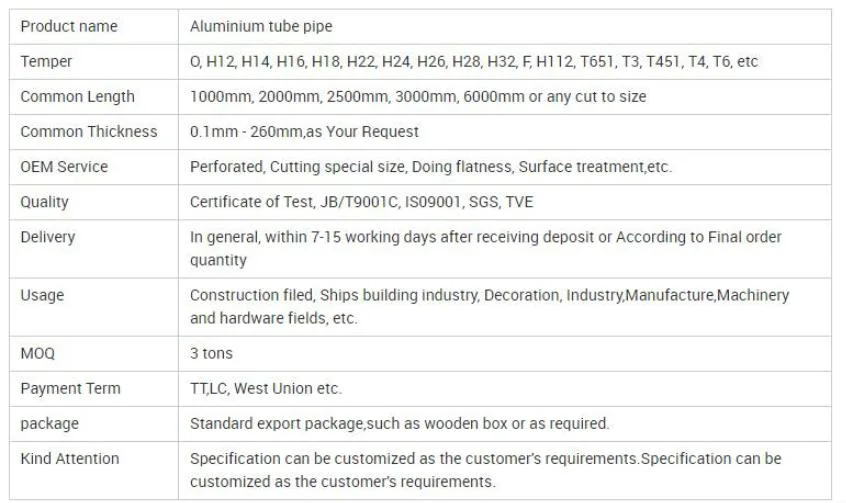 ASTM 1050 1060 1070 1100 6061 5052 6082 5083 7075 Alloy Aluminum Tubes Aluminium Pipe Prices