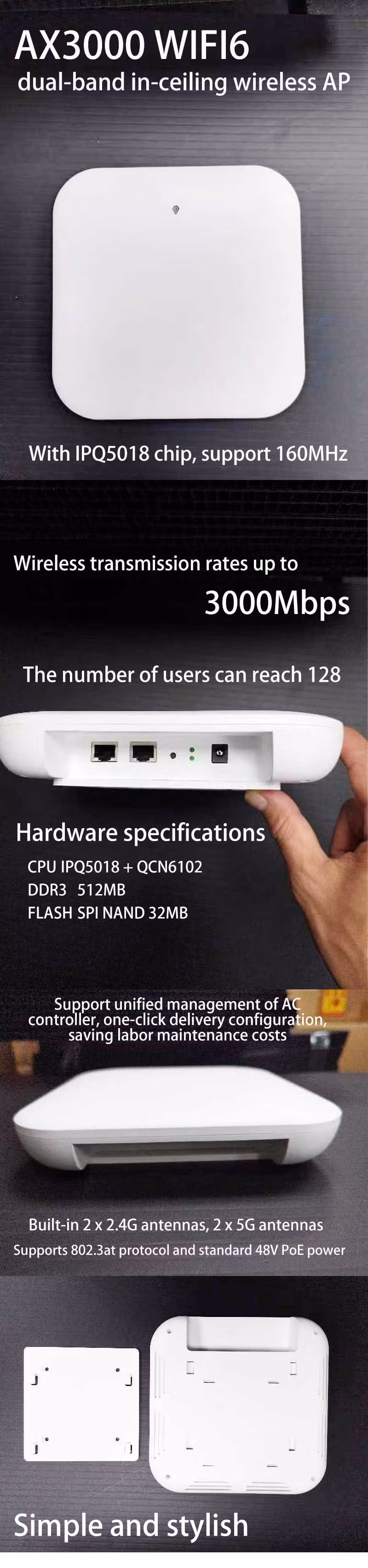 Dual Band WiFi6 3000Mbps Ceiling Ap 48V Poe Access Point WiFi Indoor Wireless Ap