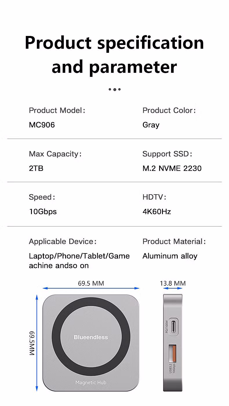Wholesale OEM Magnetic 2230 Nvme M.2 SSD Enclosure, 10gbps USB C 3.2 to Nvme M.2 Adapter, Aluminum External SSD Case, Support M-Key B+M Key Uasp, OEM HDMI Dock