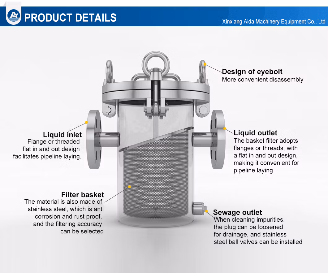 DN65 Industrial Micron Mesh Ss Stainless Steel Basket Type Strainer Filter for Liquid Oil Water Filter Filtration