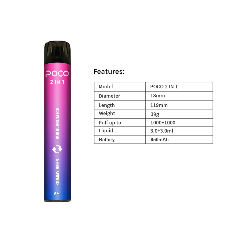 Dual Flavors 6ml Electronic Cigarette 2000 Puffs Vapes Kit Poco 2 in 1 Disposable Vape Pen with 5% Nicotine