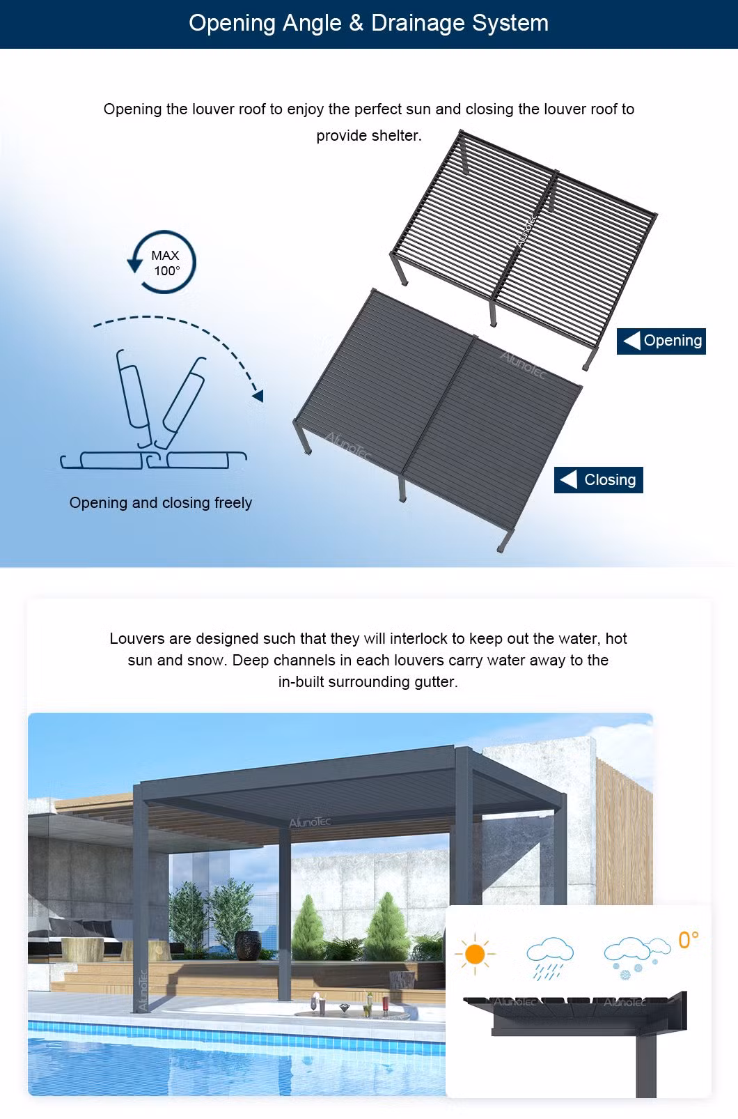 AlunoTec High Quality Blind Motorized Shade Backyard Pergola Automatic Weatherproof Gazebo