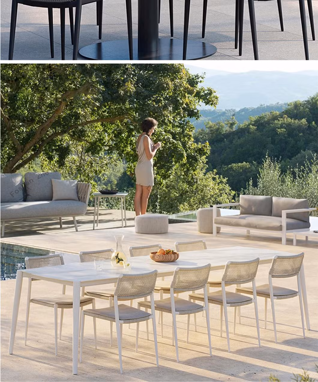 High-End Villa Patio Patio Teak Long Dining Table Outdoor Furniture Garden Casual Solid Wood Table and Chair Set