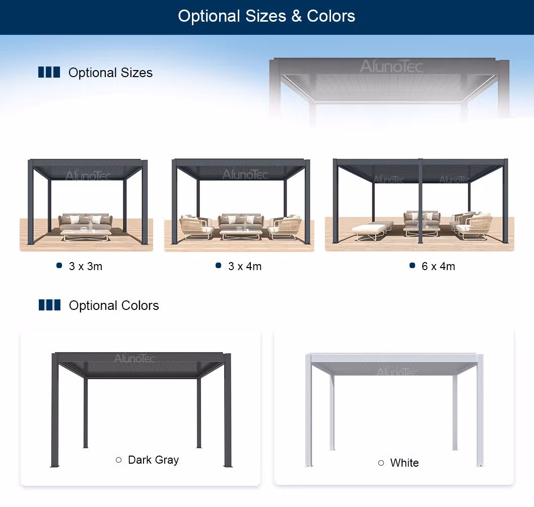 AlunoTec High Quality Blind Motorized Shade Backyard Pergola Automatic Weatherproof Gazebo