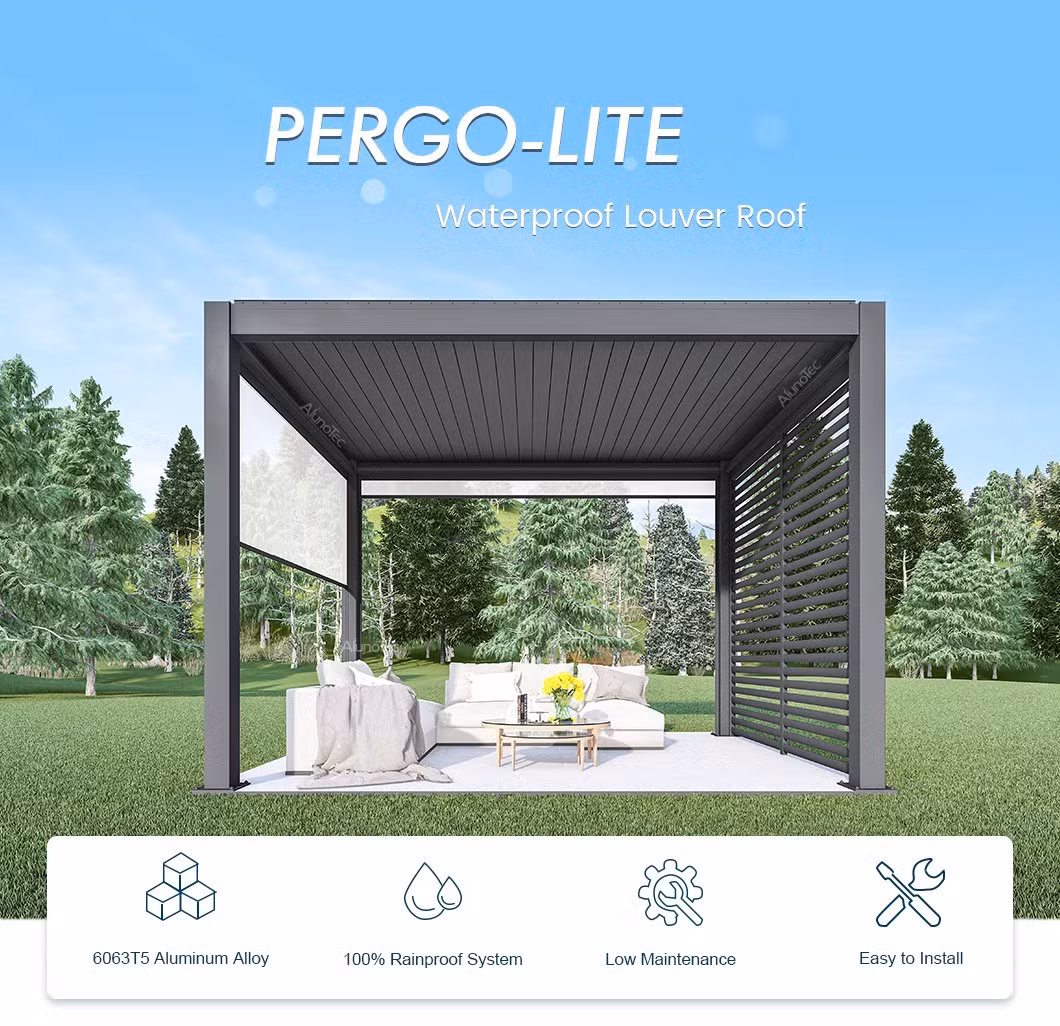 AlunoTec High Quality Blind Motorized Shade Backyard Pergola Automatic Weatherproof Gazebo