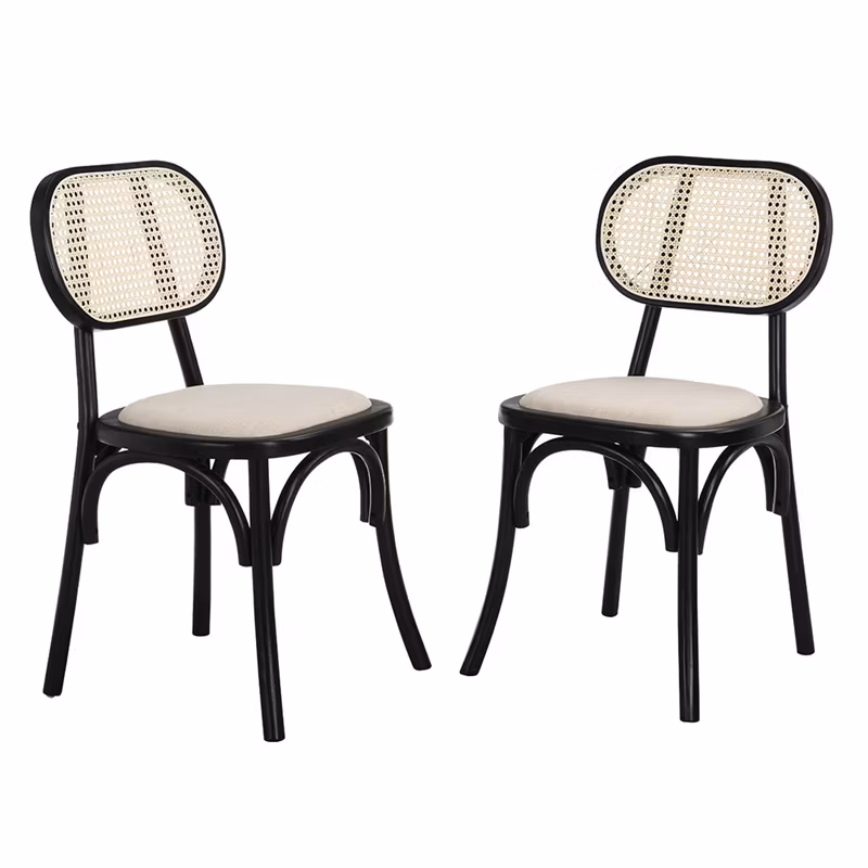 China Wholesale Modern Set of 2 Natural Cane Rattan White Cream Painting Upholstered Dining Chairs Used in Home Restaurant Outdoor Garden Patio Furniture