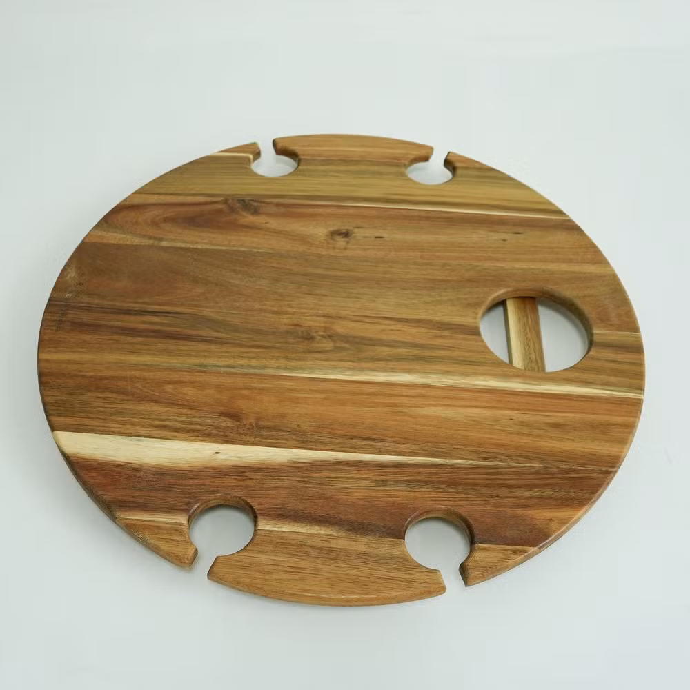 Custom Round Shape Bamboo Portable Camping Table Wood Folding Picnic Table Wood Outdoor Wine Table with Wine Glasses Holder